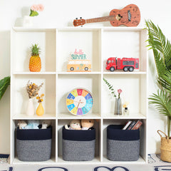 MINTWOOD Design navy woven cube bin on shelf for organized clutter control