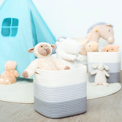 MINTWOOD Design cube bin 11x11 three-tone-grey front view complements neutral décor while tidying shelves.
