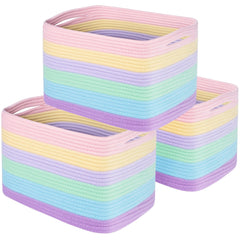 MINTWOOD Design pastel rainbow baskets on a shelf for tidy storage.