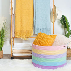 MINTWOOD Design Rainbow Basket closeup cotton rope weave emphasizes durable soft texture for everyday use.