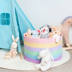 MINTWOOD Design Rainbow Basket side view highlights spacious interior for throws and plush toys.