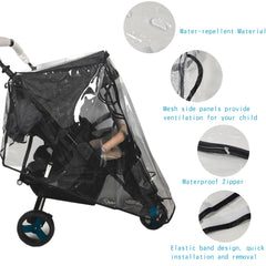 Miracle Baby double stroller rain cover durable material uses food-grade EVA for safety.