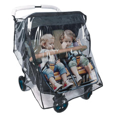 Miracle Baby double stroller rain cover with transparent window for quick checks on the go.