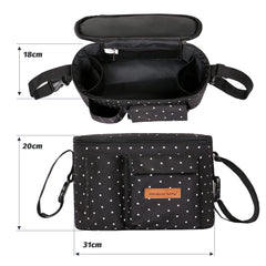 Miracle Baby stroller organizer bag multiple pockets emphasizes organized storage for phone, bottle, toys.