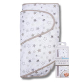 Miracle Blanket Gray Stars arms-hug swaddle secures tiny arms for peaceful sleep.