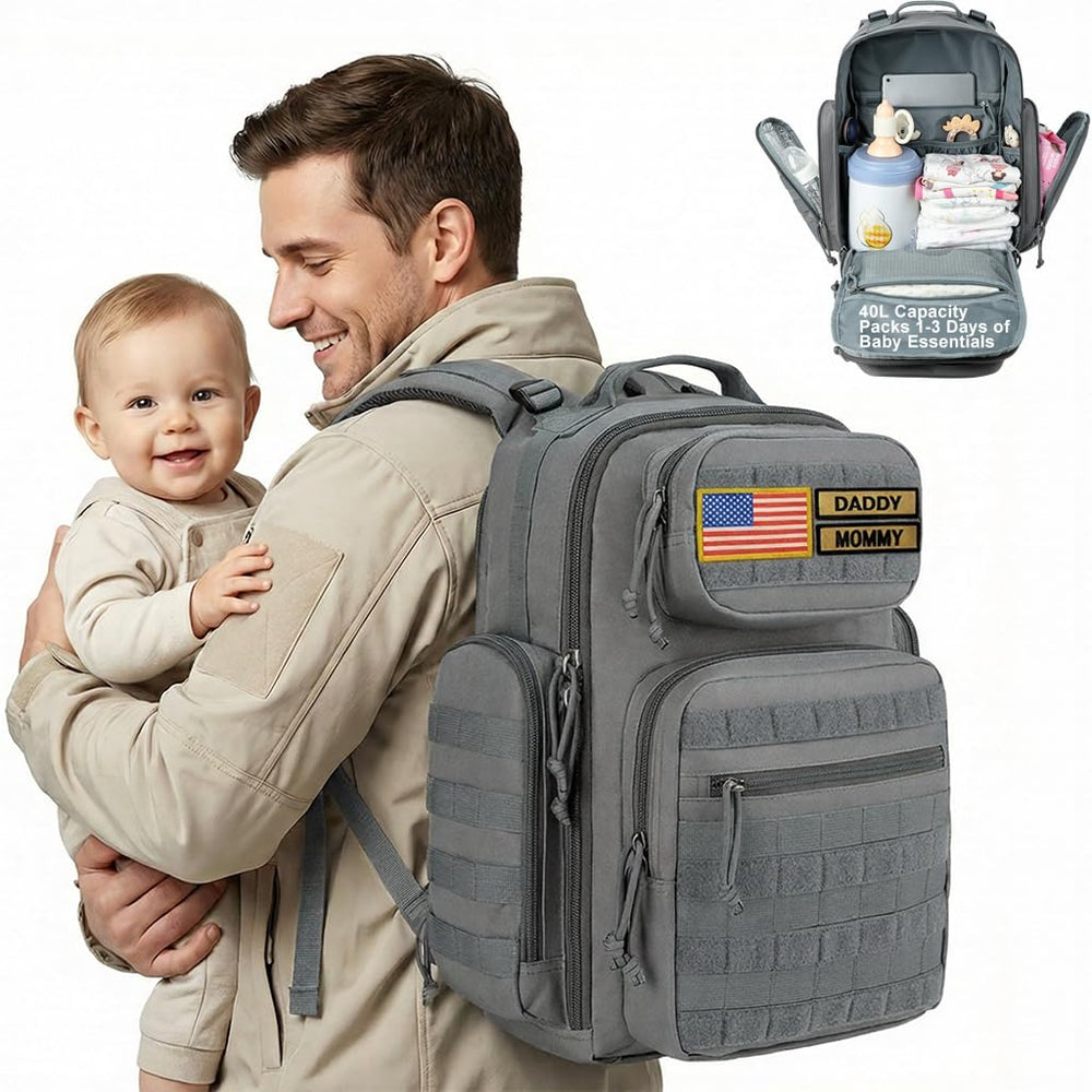MIRACOL Diaper Bag Backpack grey front view showcases rugged 40L capacity for dad-ready travel.