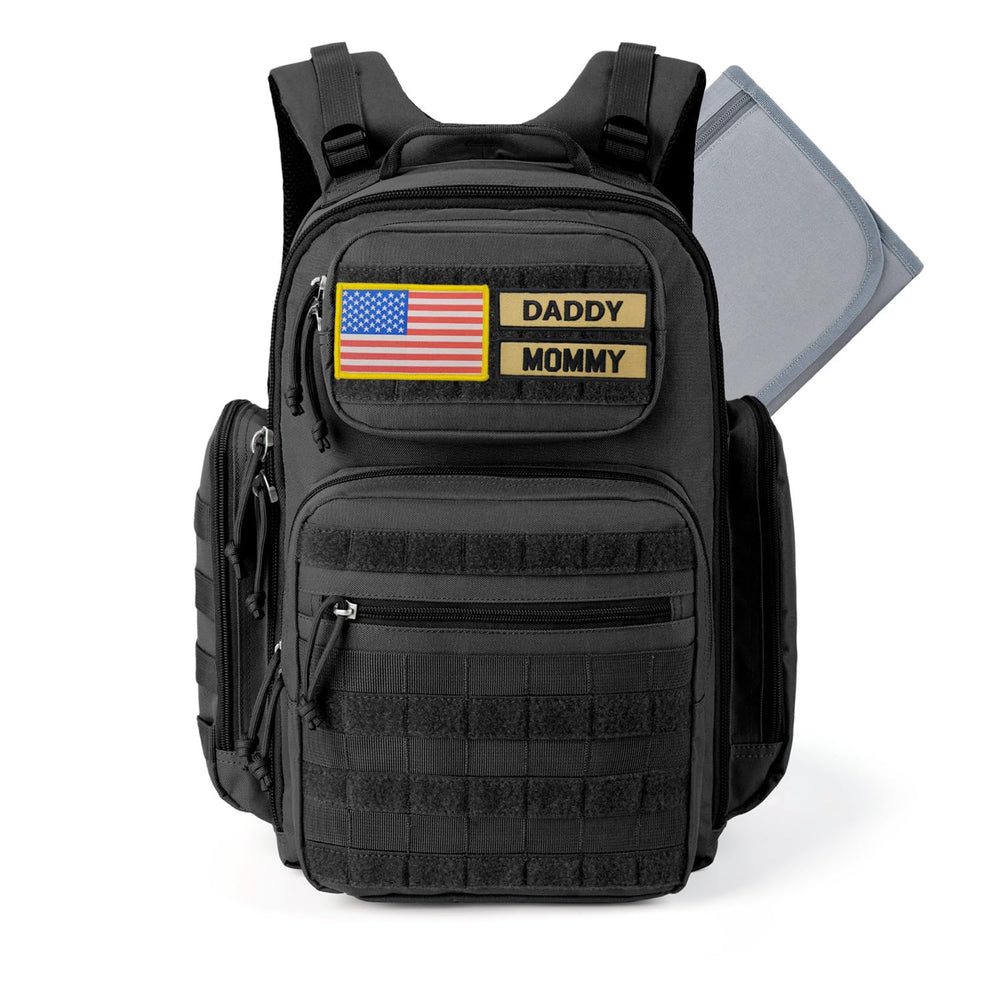 MIRACOL outdoor military diaper bag front view shows rugged style for active dads