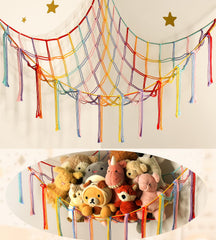 Mirolam stuffed animal hammock corner storage setup demonstrates space-saving organization.