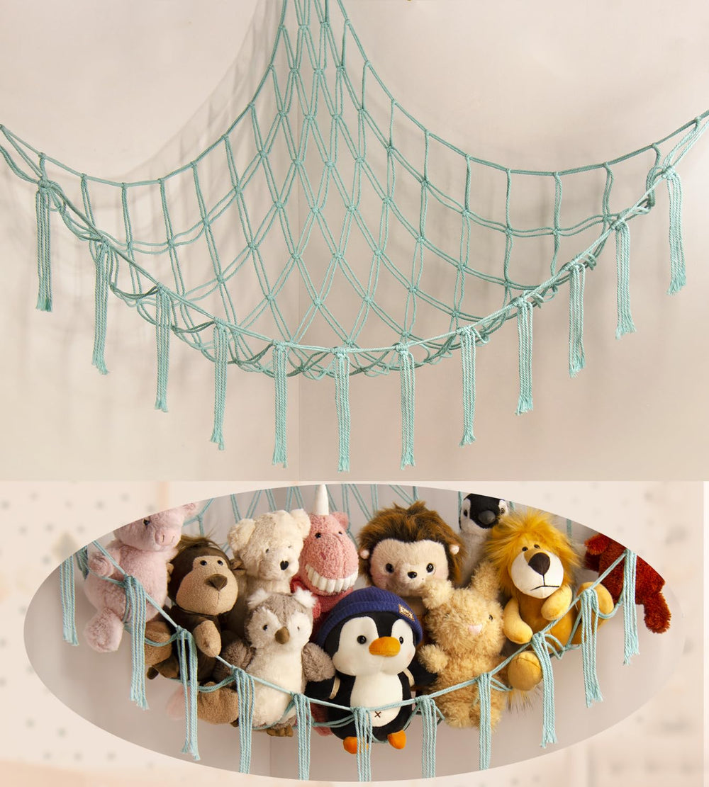 Mirolam stuffed animal hammock closeup shows sturdy cotton rope for plush storage.