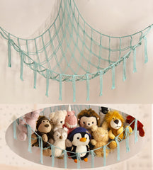 Mirolam stuffed animal hammock closeup shows sturdy cotton rope for plush storage.