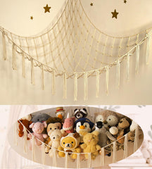 Mirolam stuffed animal storage hammock net assembled in corner for clutter-free play area