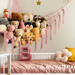 Mirolam toy hammock net displays plushies with bohemian decor appeal.