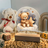 Mirror Mania Teddy Bear Frame Night Light on wood base with soft glow.