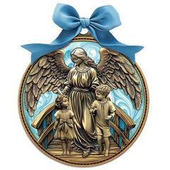 Misdary Guardian Angel crib medal with blue background ready to become a cherished nursery keepsake