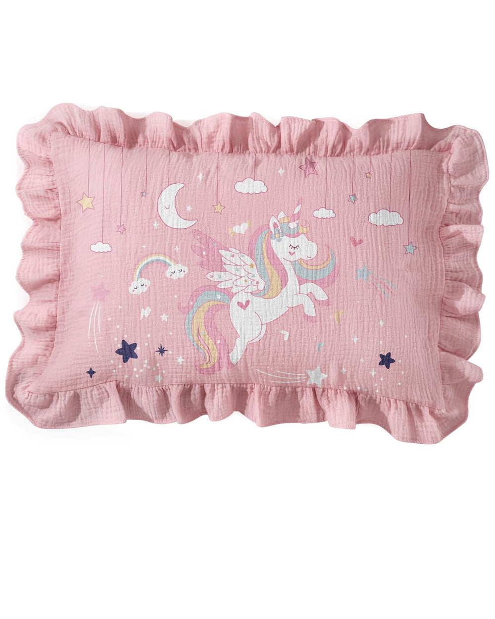 Miss Adola unicorn ruffled pillowcase on soft muslin for cozy sleep