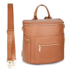 miss fong diaper bag backpack outside view highlights cognac leather for everyday travel