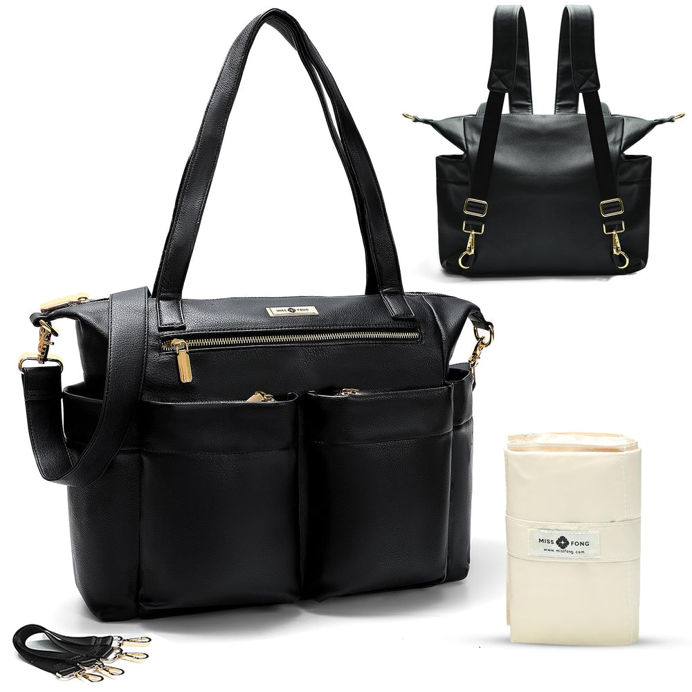 Miss Fong diaper bag tote front view with organized compartments for quick access