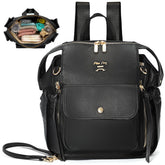 miss fong Mini Diaper Bag Backpack black front view, compact for quick outings and everyday use