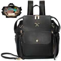 miss fong Mini Diaper Bag Backpack black front view, compact for quick outings and everyday use