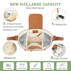 Miss Fong insulated bottle pockets keep beverages cool during stroller outings.