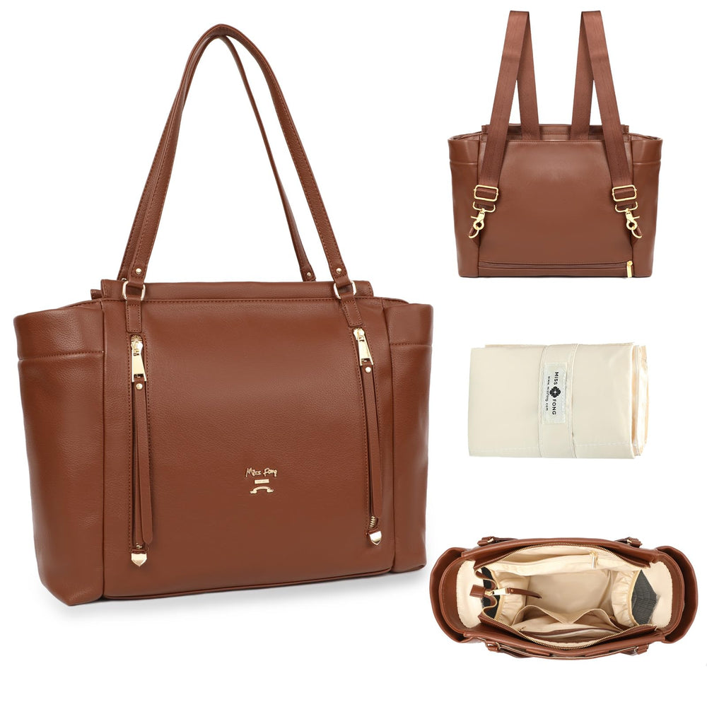missfong leather diaper bag front view showing spacious tote for on-the-go moms