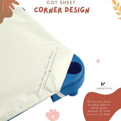 Corner elastic straps on Mississippi Cotton cot sheet—secure fit in use