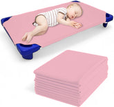 Mississippi Cotton pink cot sheets folded, showing soft, durable polyblend fabric for daycare.