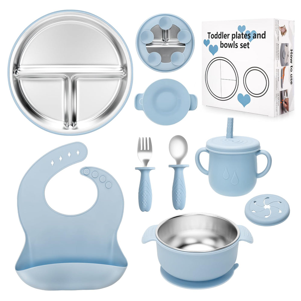 Misslili stainless steel kids plates and bowls with suction blue-hero for tidy meals