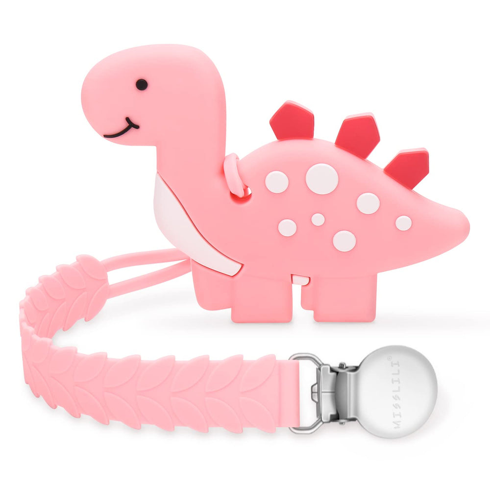 MISSLILI teething dinosaur pink close-up highlights soft silicone texture for soothing gums.
