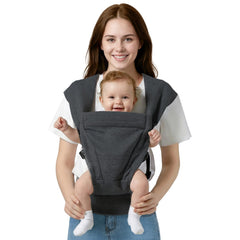 MISSWISDOM baby carrier dark grey worn for hands-free on-the-go use.