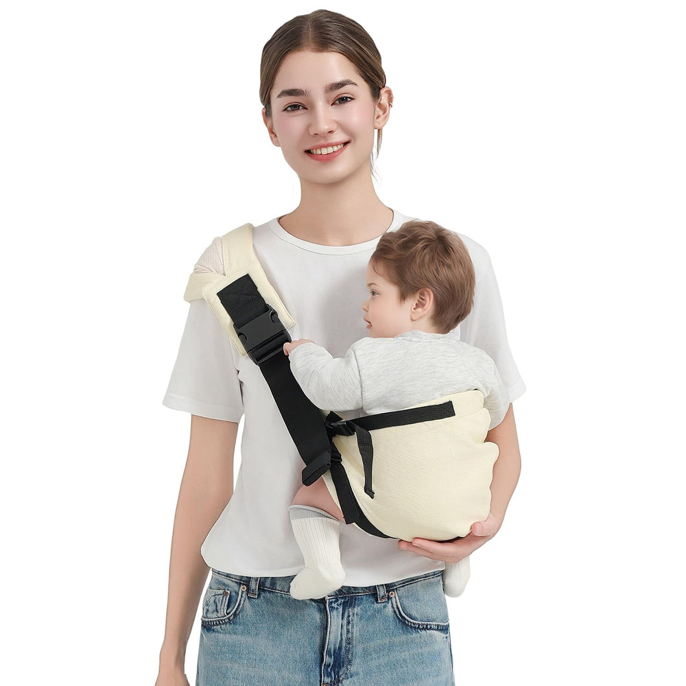 MISSWISDOM Baby Sling Carrier front view in beige for hands-free daily tasks.