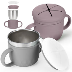Mity Rain 2-pack stainless snack containers purple and gray, compact and spill-free for on-the-go snacking.