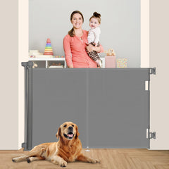 Miumoon 59-inch retractable gate assembly shown, easy to install for families with toddlers.