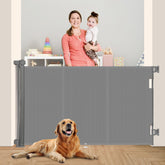 Miumoon 71-inch retractable baby gate closed, doorway barrier for child safety.
