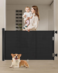 Miumoon retractable baby gate at stairs showing sturdy design for stair safety.