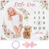 Mixweer Highland Cow milestone blanket pink background, perfect as a newborn photo prop.