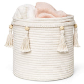 Mkono macrame basket front tassel showcases boho storage and decorative charm.