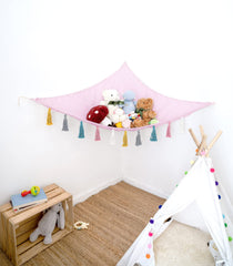Mkono wall-hanging toy hammock in corner installation saves space