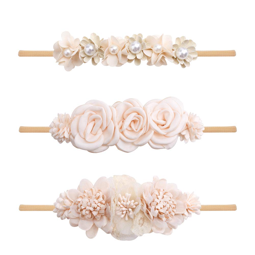 mligril baby nylon headbands with floral bows in 3pc set are soft and stretchy for daily wear