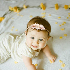 mligril headbands close-up shows soft nylon fabric and gentle elasticity for growing infants