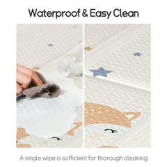 Mloong baby play mat waterproof surface easy wipe-clean for spills and crumbs.