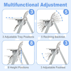 MMBABY high chair with detachable 360-degree wheels for easy room-to-room movement