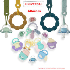 MOBU pacifier clip 4pack shown attached to bottles, strollers, and clothing during outings.