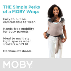 Moby Baby Wrap on shoulder showing ergonomic, balanced support for parents.