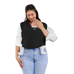 Moby Basics baby wrap in black offers a snug front-carry cuddle for bonding.