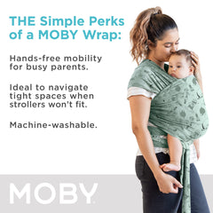 Moby Featherknit baby wrap demonstrates shoulder-weight distribution for comfortable carry