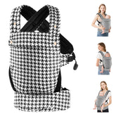 MOCKPOSE baby carrier front view in black houndstooth showing overall fit and comfort
