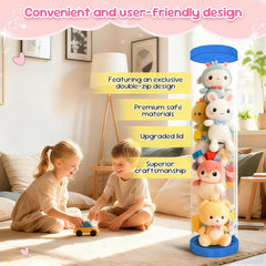 Mocuba tall plush-storage-tube beside toys emphasizes space-saving design.