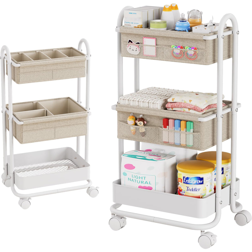 Modanais baby diaper caddy cart front view shows triple-tier storage for quick diaper changes.
