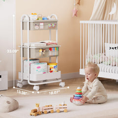 Modanais baby diaper caddy cart side view emphasizes compact footprint with ample bottle and wipe space.